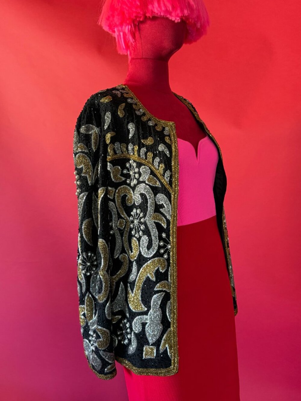 Vintage Laurence Kazar Beaded Silk Jacket, Black Gold Silver Jacket, Size L